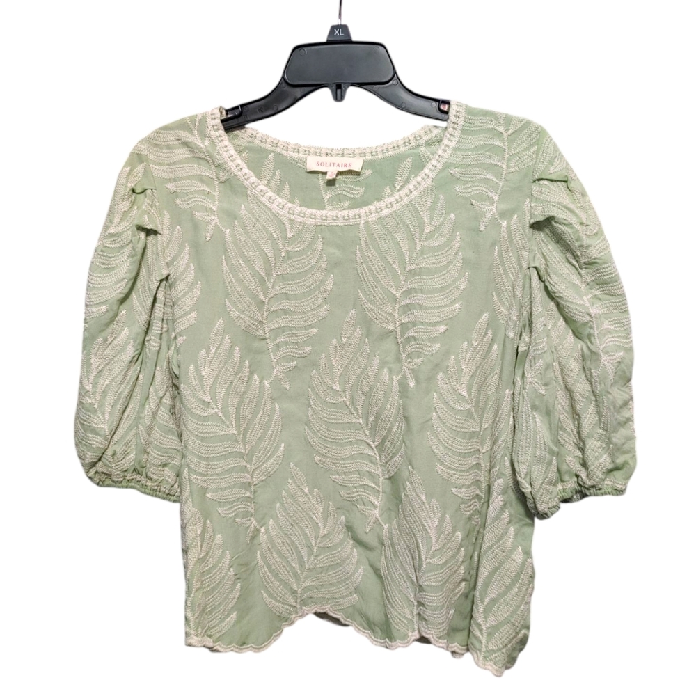 Solitaire Green Embroidered Palm Leaf Puff Sleeve Blouse Women's Size Large L